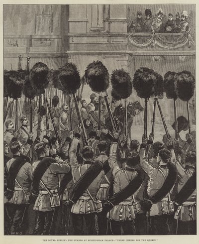 De koninklijke inspectie, de wacht bij Buckingham Palace, drie hoeraatjes voor de koningin! door William Heysham Overend